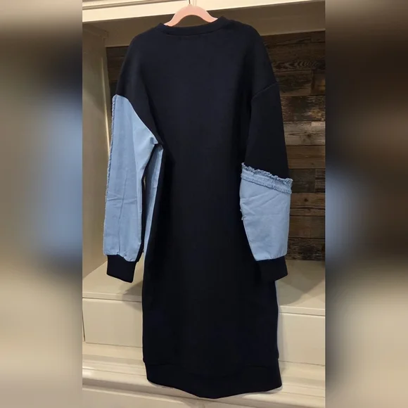 ALEEZA PARIS Elegant Long Sleeve SWEATER Dress- Navy & Light Blue W/ Fringe!! - Picture 9 of 10